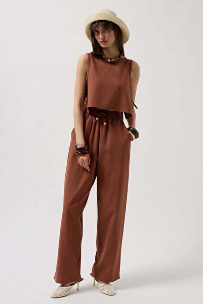 Maxi modena Flat Cut Brown Trousers with Lace-Up Waist