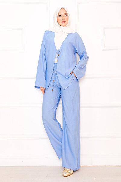 EBRUTESETTÜR طقم مكون من قطعتين مع تفاصيل أربطة أمامية وبنطلون باللون الأزرق ...