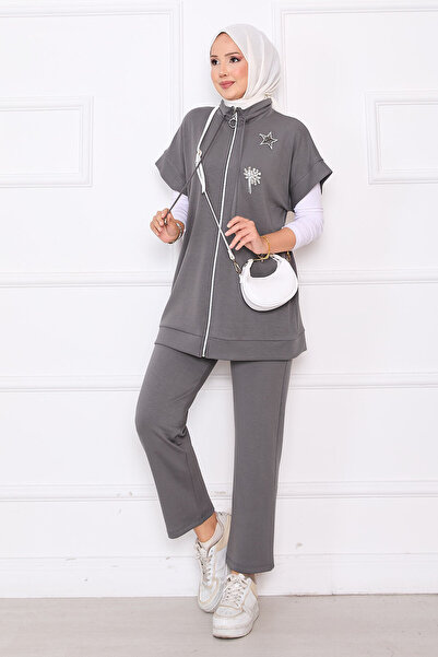 EBRUTESETTÜR Stone Embroidered Zippered Vest Set