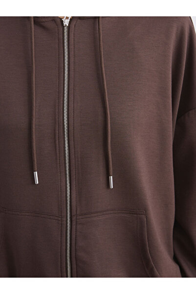 LC Waikiki Kahverengi Kapüşonlu Kadın Fermuarlı Sweatshirt