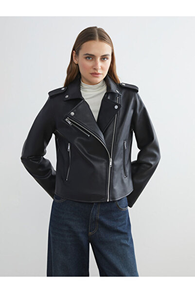 LC Waikiki Black Biker Collar Women's Leather Look Jacket