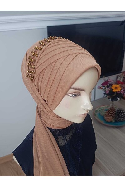 BERKE TUHAFIYE AKSESUAR Aksesuarlı Taba Rengi Önü Eşarp Tipi Arkası Şal Modeli Hazır Duvak Hazır Şal Hazır Türban