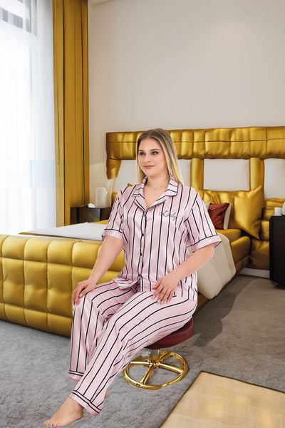 MOPİ Satin Plus Size Striped and Buttoned Shirt Collar Short Sleeve Pajama Set
