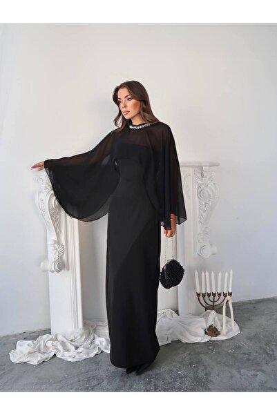 zoezoe Alesta Tül Detaylı Siyah Tasarım Uzun Elbise