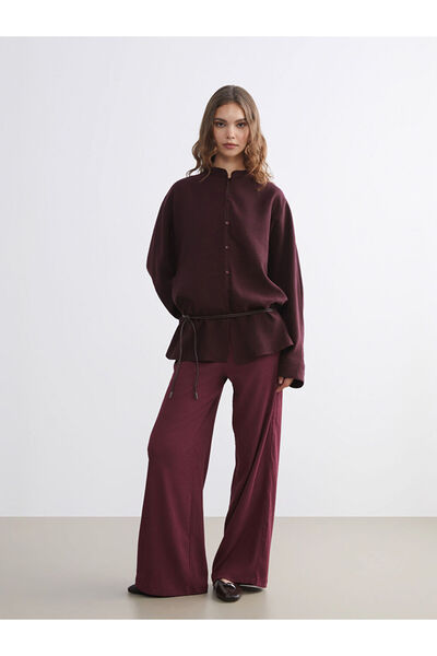 LC Waikiki Burgundy Women's Textured Trousers with Elastic Waist