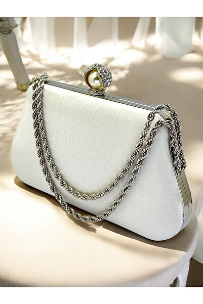 Biçanta Ecru Color Glittery Satin Silver and Pearl Detailed Chain Strap Women's Evening Dress Bag Wedding Engagement Prom