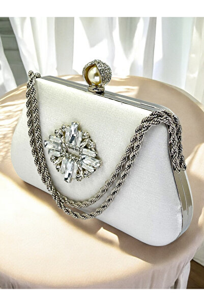 Biçanta Ecru Color Glittery Satin Silver and Pearl Detailed Chain Strap Women's Evening Dress Bag Wedding Engagement Prom