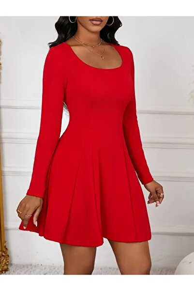 Masspera Kadın U Yaka Uzun Kollu Mini Ithal Krep Elbise