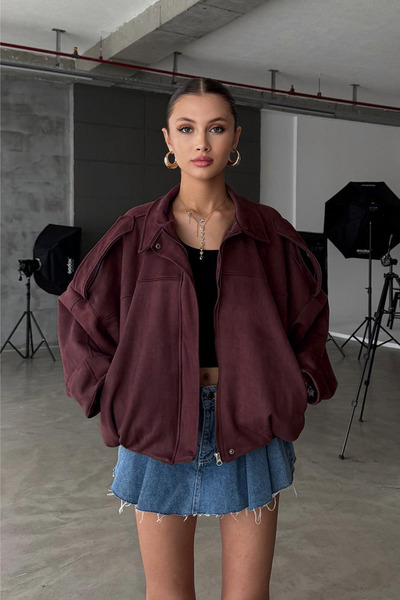 NET OF NOT Oversize Kadın Bomber Bordo Süet Deri Ceket