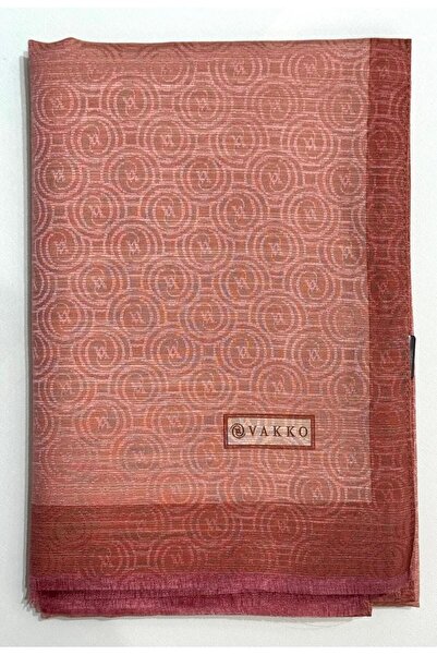 Vakko Cotton Silk Striped Monogram Shawl 41728-Salmon