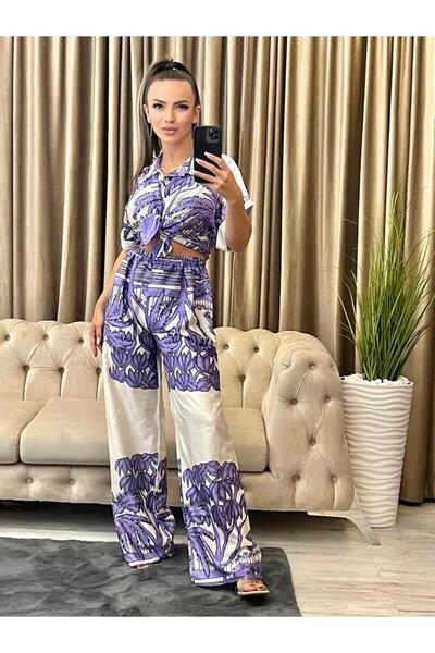 Intisimo Women's Suit, Two Pieces, Printed, Satin, Purple/White