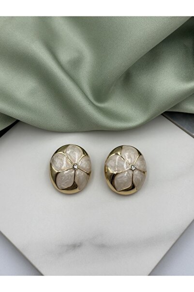 Unzilee Cream Flower Enamel Zircon Solitaire and Gold Gold Detailed Design Ea...