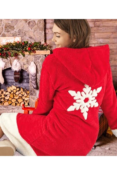 Intisimo Halat de baie pentru femei, pufos, Cocolino, cu glugă, model fulg, roșu - XL