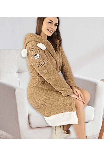 Intisimo Women's Bathrobe, Fluffy, Cocolino, Hooded, Little Tiger, Brown - 2XL