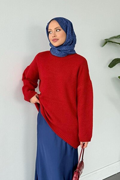 Şulemoda Giyim Sezin Μπροστινό Οβάλ Μανίκι Φαρδύ Τούνικ Κόκκινο