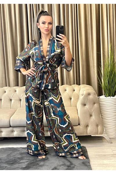 Intisimo Women's Suit, Two Pieces, Printed, Satin, Brown/Blue/Beige