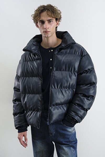 GIESTO Inflatable Leather Navy Blue Coat