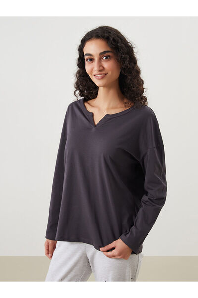 LC Waikiki Antrasit Kaçık Yaka Kadın Pijama Üstü
