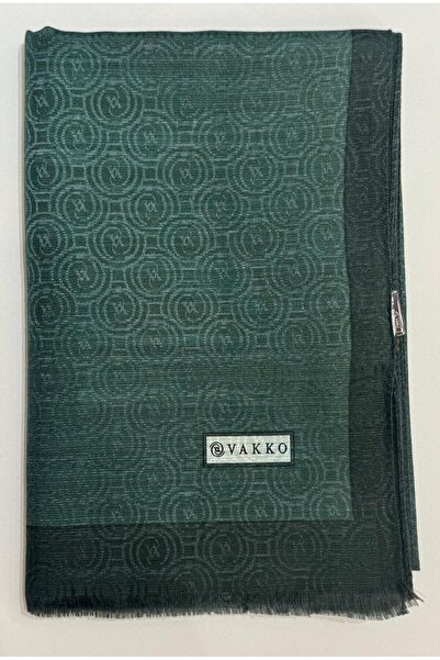 Vakko Cotton Silk Striped Monogram Shawl 41728-Emerald Green