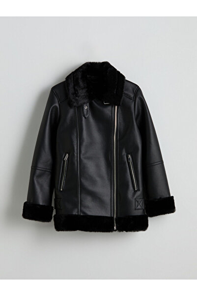 LC Waikiki Black Biker Collar Women's Leather Look Coat