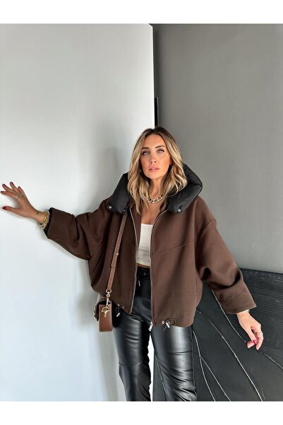 Zerrincan Giyim Kahve Kapşonlu Yarasa Kol Premium Mont