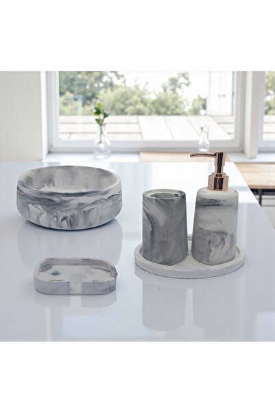 ODİ HOME Set de baie din piatră din 5 piese, dozator de săpun lichid, suport pentru periuță de dinți, set de tavă pentru bol, alb - gri cu model de marmură