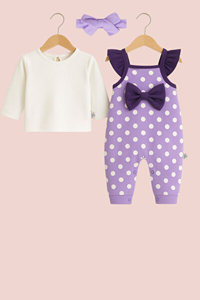 Balbadem baby kids 3-Piece Lilac Polka Dot Jumpsuit Set Long Sleeve Bodysuit + Headband + Ruffle Detailed Jumpsuit 3-6-9-12 Months