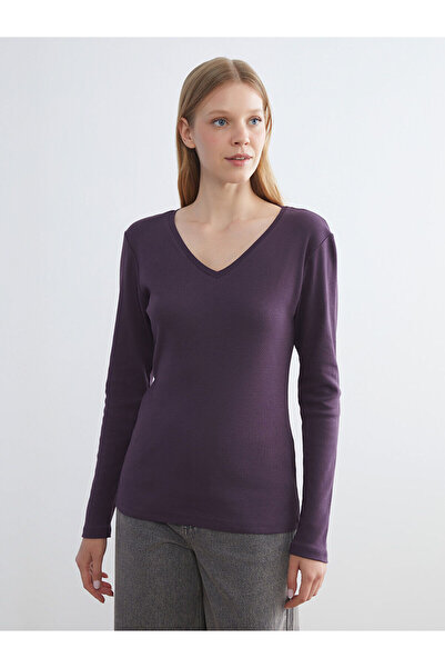 LC Waikiki LCWAIKIKI BasicMürdüm Büyük Beden V Yaka Kadın Tişört