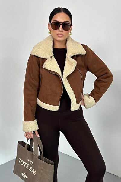 spirituel Γυναικείο σακάκι από καστόρι με κοντό γούνινο εσωτερικό με διπλό στήθος και τσέπες με φερμουάρ