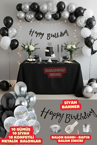 Baloncu Nene 30 τεμάχια μαύρα ασημένια μπαλόνια με επιγραφή Happy Birthday και ασημένια κομφετί, Στολίδι γενεθλίων με θέμα το πάρτι