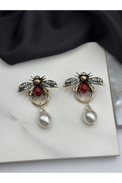 Unzilee Gold Detailed Red Stone Bee Figured Brand Model Design Earrings