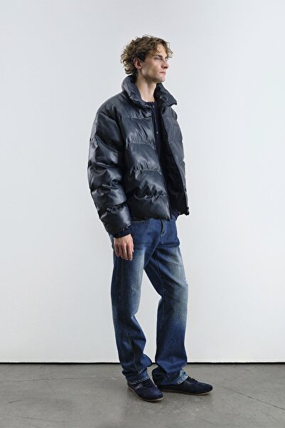 GIESTO Inflatable Leather Navy Blue Coat