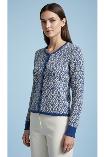 Digz fashion Blue-White Patterned Buttoned Knitwear Cardigan
