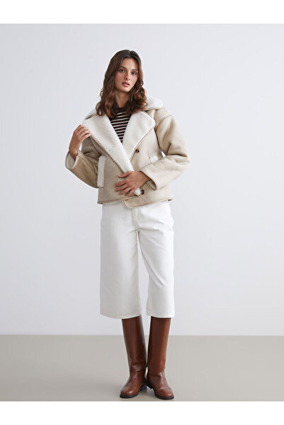 LC Waikiki Palton de piele de căprioară pentru femei, bej, cu guler biker, oversize