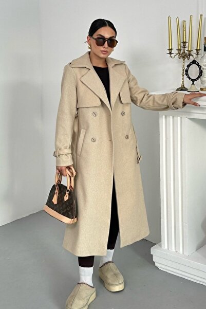 spirituel Women's Coat Long Cashmere Belted Buttoned Pocketed Double Breasted Premium Coat