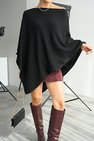 LOOSH Kadın Siyah Asimetrik Yaka Oversize Panço