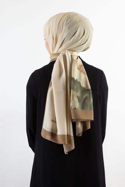 NUR İPEK Crepe Shawl with Degraded and Flower Patterned Cream - Khaki Color 70X190 Non-Wrinkle Shawl with Italian Sewing