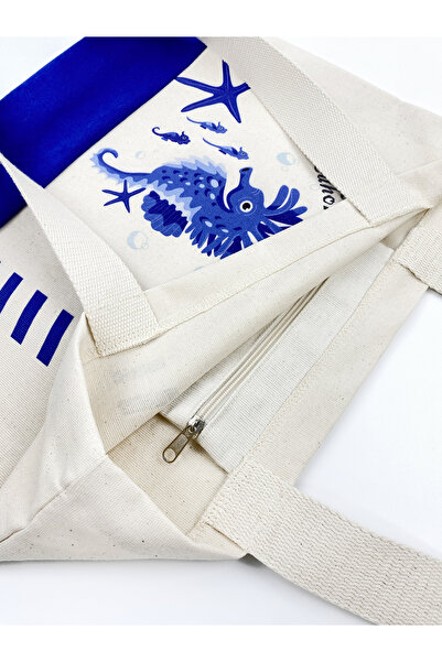 KOSTEBAG Pixie Ham Kanvas & Saks Gabardin Kombin 45×36×10cm Deniz Atı Desenli Bez Çanta