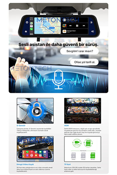 METONTECH Akıllı Dokunmatik Dikiz Aynası | Multimedya Ekranı | Ön ve Arka Kamera | CarPlay & Android Auto