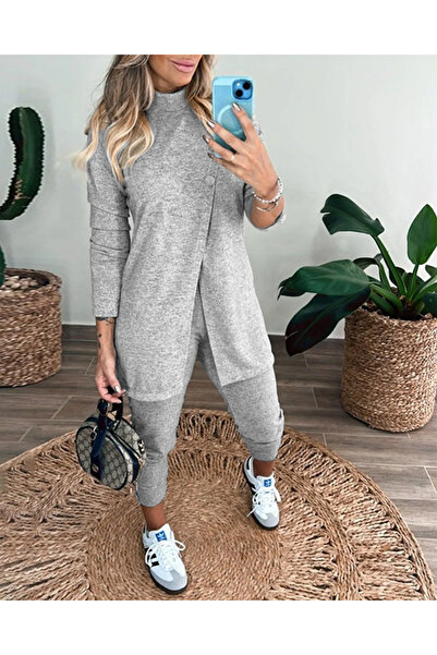 peregrine moda Eyesof Women's Long Sleeve Turtleneck Front Button Blouse and Pants Yumoş Double Suit