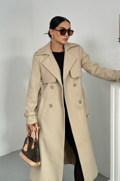 spirituel Women's Coat Long Cashmere Belted Buttoned Pocketed Double Breasted Premium Coat