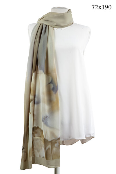 NUR İPEK Crepe Shawl with Degraded and Flower Pattern Beige - Indigo Colored 70X190 Wrinkle-Free Shawl Italian Stitched