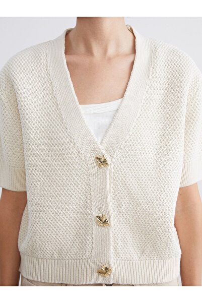LC Waikiki Lcw Visionbeige Short Sleeve Button Detailed Women's Knitwear Cardigan