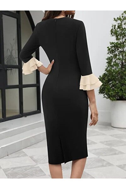 JANES Dámské midi krepové šaty s tříčtvrtečními rukávy a mašlí u krku