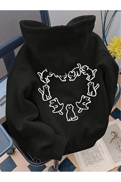 Gofeel Y2K Şirin Kedi Kalp Baskılı Şapkalı Sweatshirt