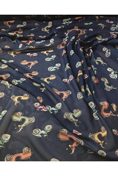 Kumaş Parça Lacivert üzeri motosiklet desenli şifon En: 145