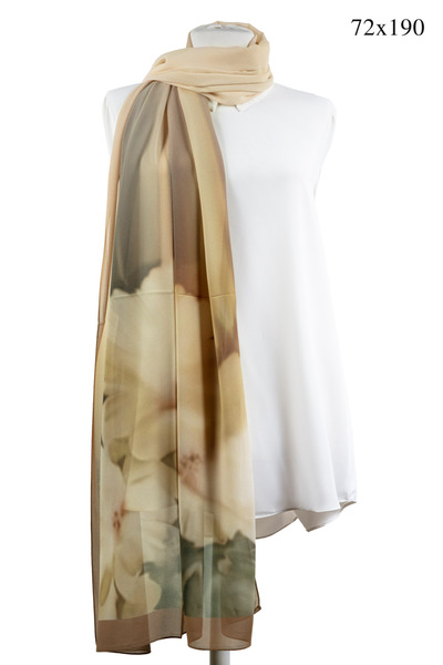 NUR İPEK Crepe Shawl with Degraded and Flower Patterned Cream - Khaki Color 70X190 Non-Wrinkle Shawl with Italian Sewing