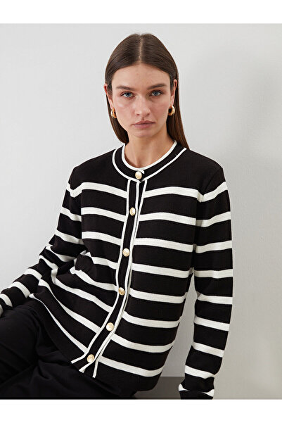 LC Waikiki Plus New Season Crew Neck Striped Women's Knitwear Cardigan