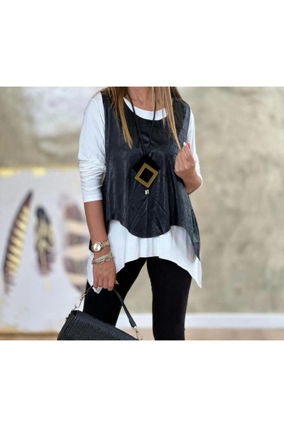 COjans Set triplu pentru femei, din piele neagră, inclusiv vestă și colier