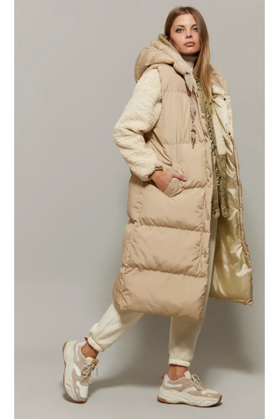 BE CHİC Γυναικείο μακρύ πουπουλένιο γιλέκο με κουκούλα και τσέπες df8000